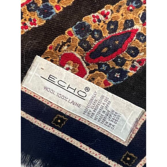 ECHO Rare Vintage 100% Wool Women’s Scarf Dark Green Gold 29" x 30"  JP - Picture 8 of 9